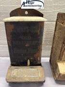 4 tin hanging matchboxes and homemade tool. 1 Zephyr Flour, 1 Fred Karle Furniture and Undertaking K
