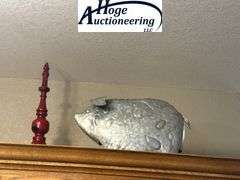 Right side top of cupboard - pig decor, pig weather vane, red home decor