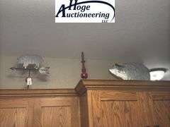 Right side top of cupboard - pig decor, pig weather vane, red home decor