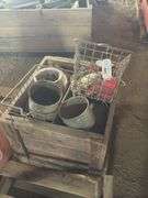 Wood box, center caps, wire basket