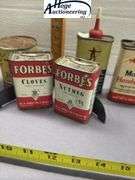 7 cans. Spices, lubricants, oil and monkey grip. 2 Forbes, 3 Archer, 1 Mobil, 1 Monkey Grip Tube Rep