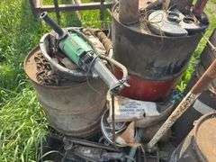 Pallet with miscellaneous barrels, floor jack, iron