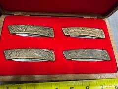 Utica Gary Hawk Signature Series 4 pc engraved brass wildlife knife set