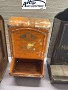 3 tin hanging matchboxes. 1 McCabe - Carruth Funeral Home, 1 R Grocer Delhi Iowa, 1 non-advertising 