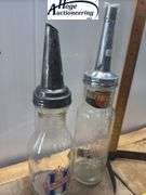 2 one quart glass oil bottles.1 embossed Standard Oil Company Service (Indiana), 1 Huffman Mfg Compa