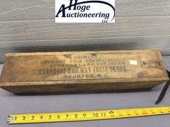 4 Chimfex Chimney Fire Extinguishers wooden box with sliding lid. Other text include on box - Signal