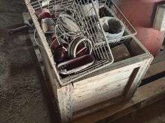 Wood box, center caps, wire basket