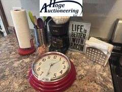 Sterling & Noble Clock, paper towel holders, utensil holders, pig decor, Mr. Coffee coffee maker, na