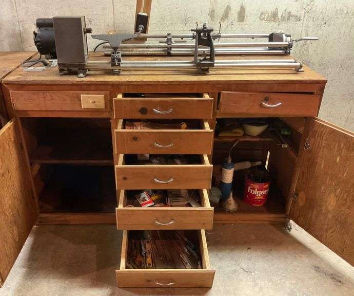 Wood lathe, cabinets and contents