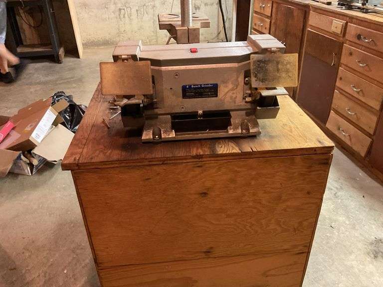 Cabinet and contents, drill press, bench grinder