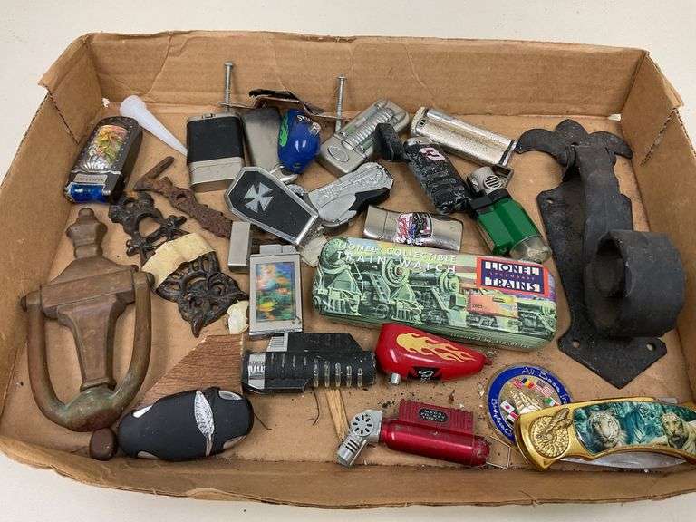 Box of lighters, knife, door knockers