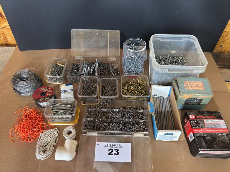 Miscellaneous sized Nails, Screws, Wires, String