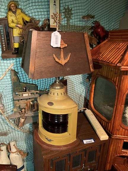 Perkins Marine lantern w/ ruby globe mounted as table lamp w/ shade