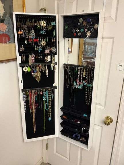 Mirrored wall mount hinged jewelry cabinet w/ jewelry contents