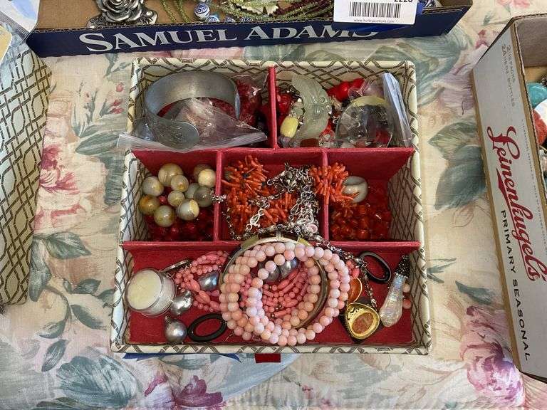 Jewelry box and contents: bracelets, coral, beads