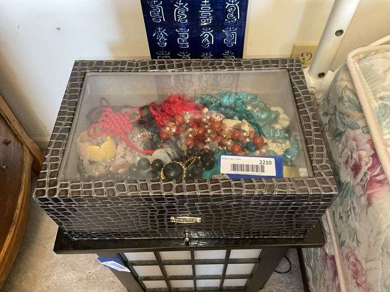 Glass top jewelry box and contents: turquoise necklace, beads, bracelet