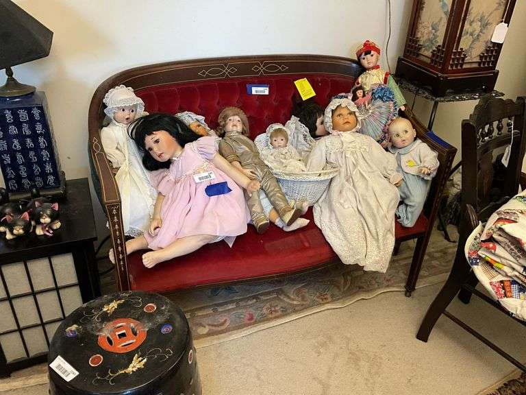 Settee w/ bellflower inlay and stringing, red velvet upholstery - dolls not included