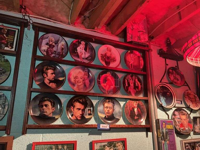 Wall hanging: wooden plate rack and James Dean/ Marilyn Monroe collector plates, Marilyn Barbie doll