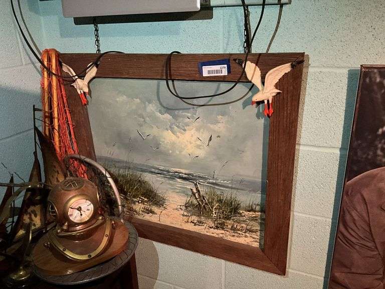 Shoreline painting w/ seagulls on frame