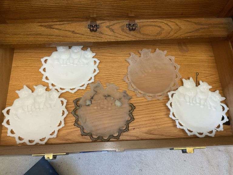 Contents of drawer: five 3-kittens glass plates: milk glass and frosted glass