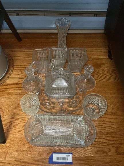 Square pattern glass table set, and assorted pressed glass - Hurley ...