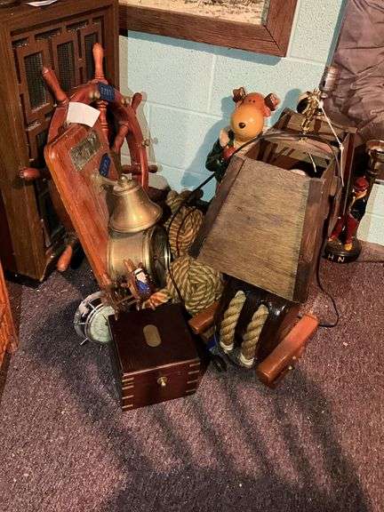 Ships wheel, bell/wall clock, nautical theme decor items