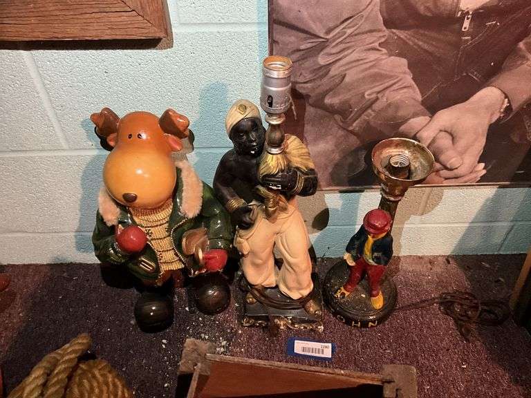Winter moose figure, vintage Blackamoor lamp base, figural lamp base