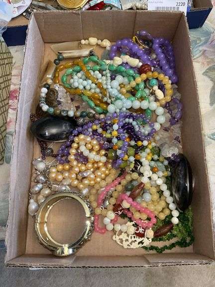 Costume jewelry: cameo bracelet, beads, pearls