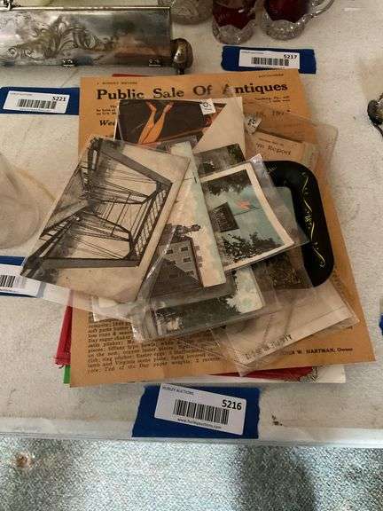 Postcards, auction salebill flier, advertising thermometers, misc paper