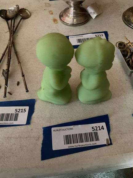 Fenton green opaque satin glass praying boy and girl figurines