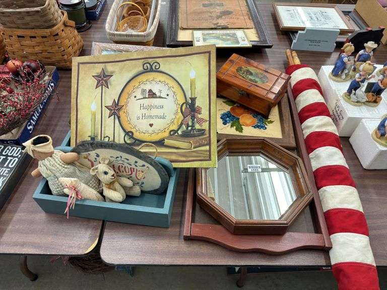 Decor lot to include wall hangings, mirror, american flag, cedar box