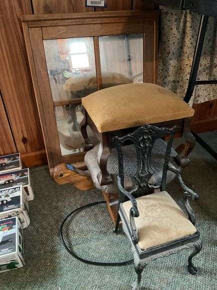 Chippendale doll arm chair, two stools, mirror