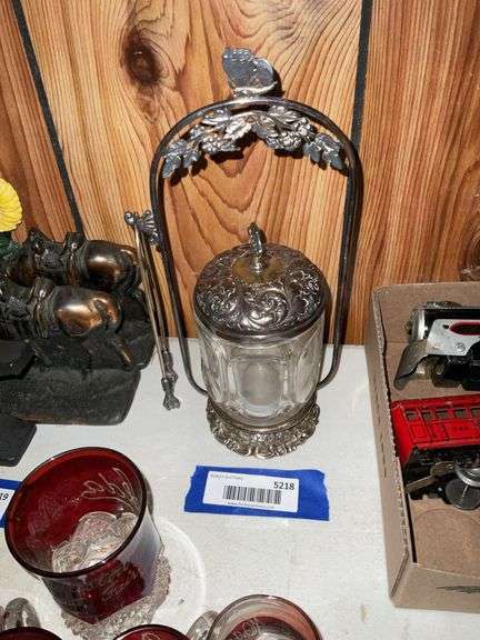 Victorian pickle castor w/ tongs - note butterfly on top of frame