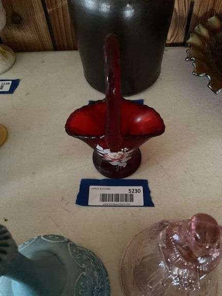 Westmoreland ruby glass basket w/ handpainted decor