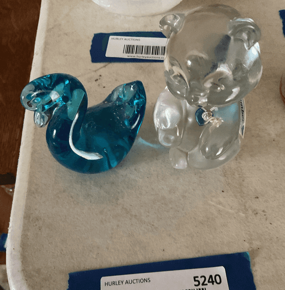 Fenton September bear paperweight; blue glass swan