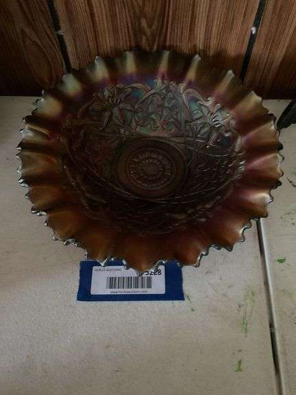 Purple carnival glass basketweave bowl