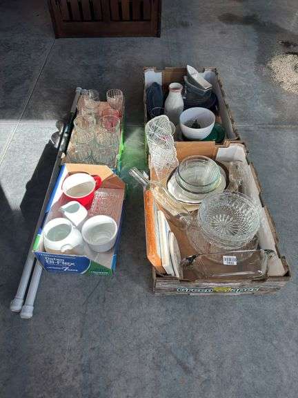 Discovery Lot with four boxes of miscellaneous household items, glassware, ironstone, and two shower curtain rods