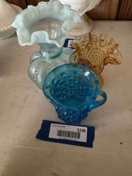 Fenton blue opalescent vase; hobnail vase and mug