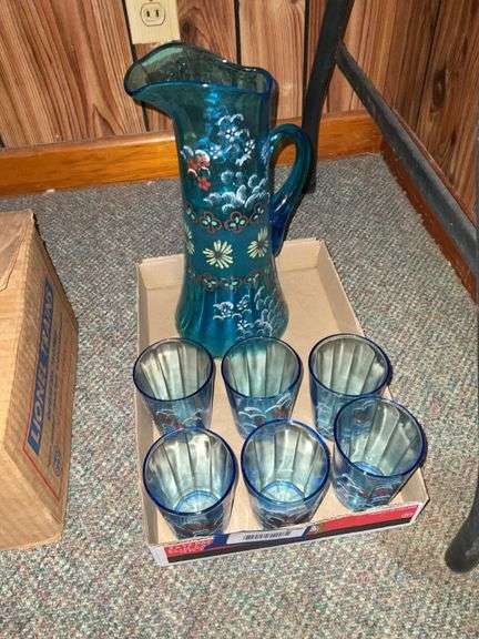 Blue lemonade set w/ enamel decoration, pitcher and six tumblers