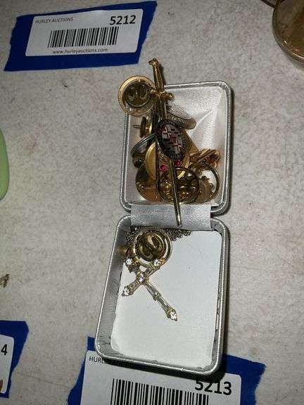 Lapel and sword pins, cross pendant w/ chain