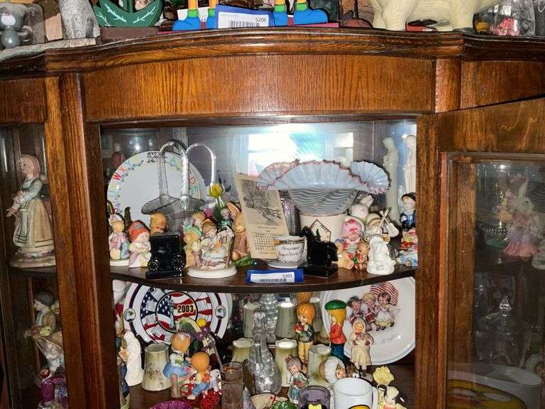 Contents of shelf: opalescent glass bowl, glass basket, figurines, Hagerstown souvenir cup/saucer