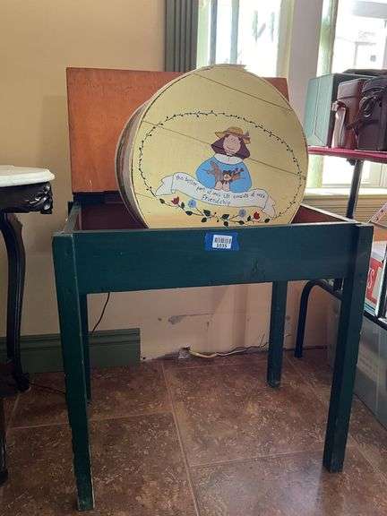 Hand crafted painted tilt top desk, Country painted round wooden box