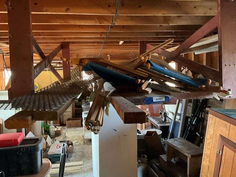 Lot hanging from rafters: wood folding chairs, misc - Hurley Real ...