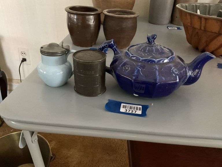 Cobalt glazed teapot, mustard jar w/ metal top, tin measure