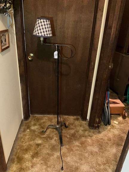 Wrought iron floor lamp w/ gingham shade