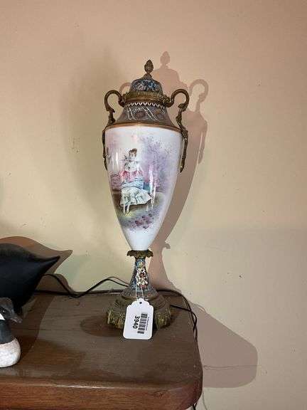 Handled urn w/ decorated porcelain body, champleve enamel mounts