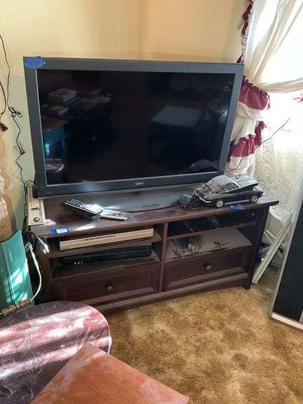 Seki TV model: SC3 w/ remote, and TV stand w/ contents: Sony DVD/VHS player, Philco VHS player, Corvette VHS tape rewinder 46x23x18