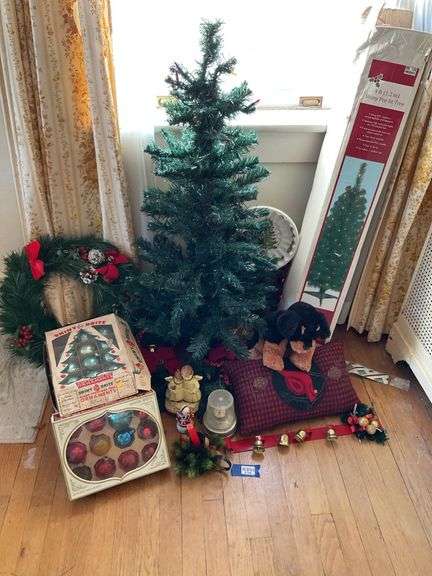 Christmas trees, wreath, vintage ornaments, misc decor