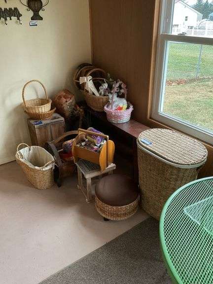 Corner lot: bench, wicker hamper and ottoman, , baskets, sewing baskets, wooden crate