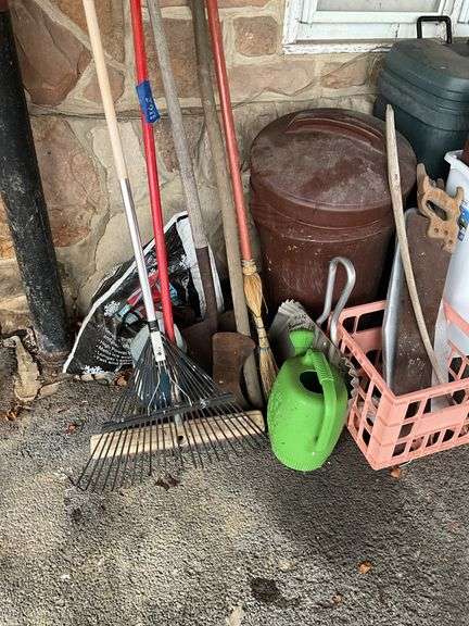 Plastic garbage cans, hand saws, rake, watering can, misc - Hurley Real ...